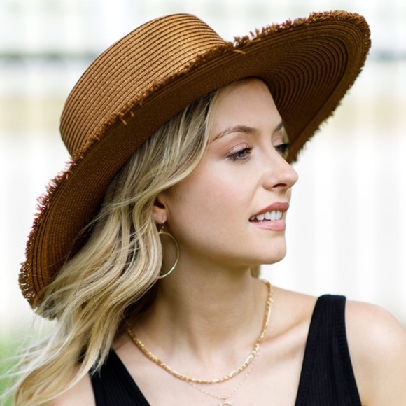 SOLD OUT Brown Straw Wide Brim w/ Frayed Edge Sun Beach Vacation Summer Women's - Picture 3 of 7